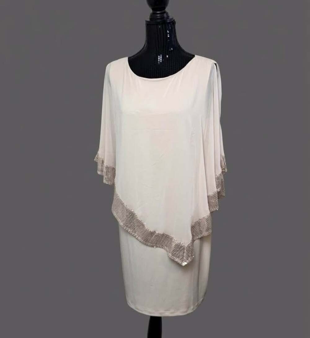 Enfocus Studio Women's Size 12 Champagne Cream Sequin Overlay Capelet Shift Dres